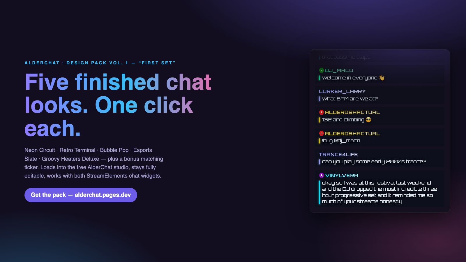AlderChat Design Pack Vol. 1 - five finished Twitch chat looks